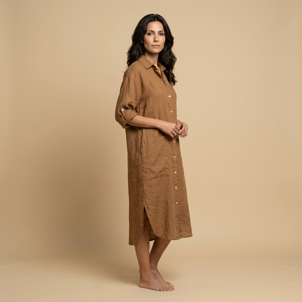 Vestido Midi Mujer Lino Camisero Bolsillos Manga Tres Cuartos