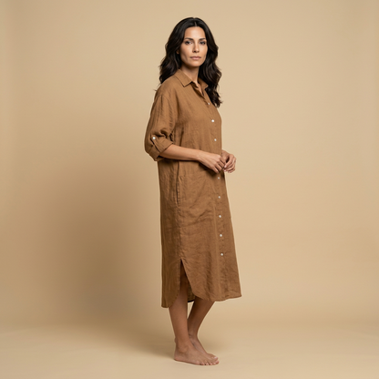 Vestido Midi Mujer Lino Camisero Bolsillos Manga Tres Cuartos