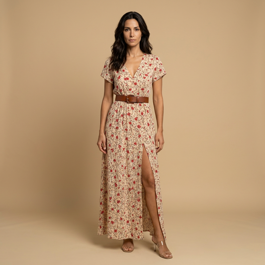 Vestido Largo Mujer Estampado Floral Cruzado con Cinturón - Mavetta
