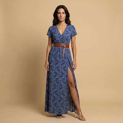 Vestido Largo Mujer Estampado Floral Cruzado con Cinturón