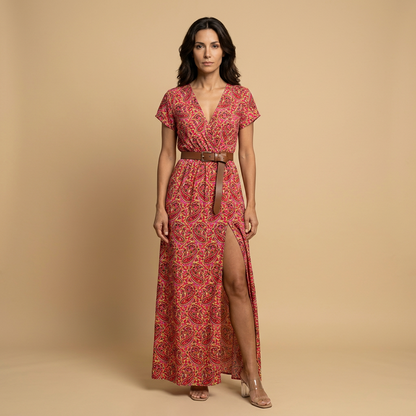 Vestido Largo Mujer Estampado Floral Cruzado con Cinturón