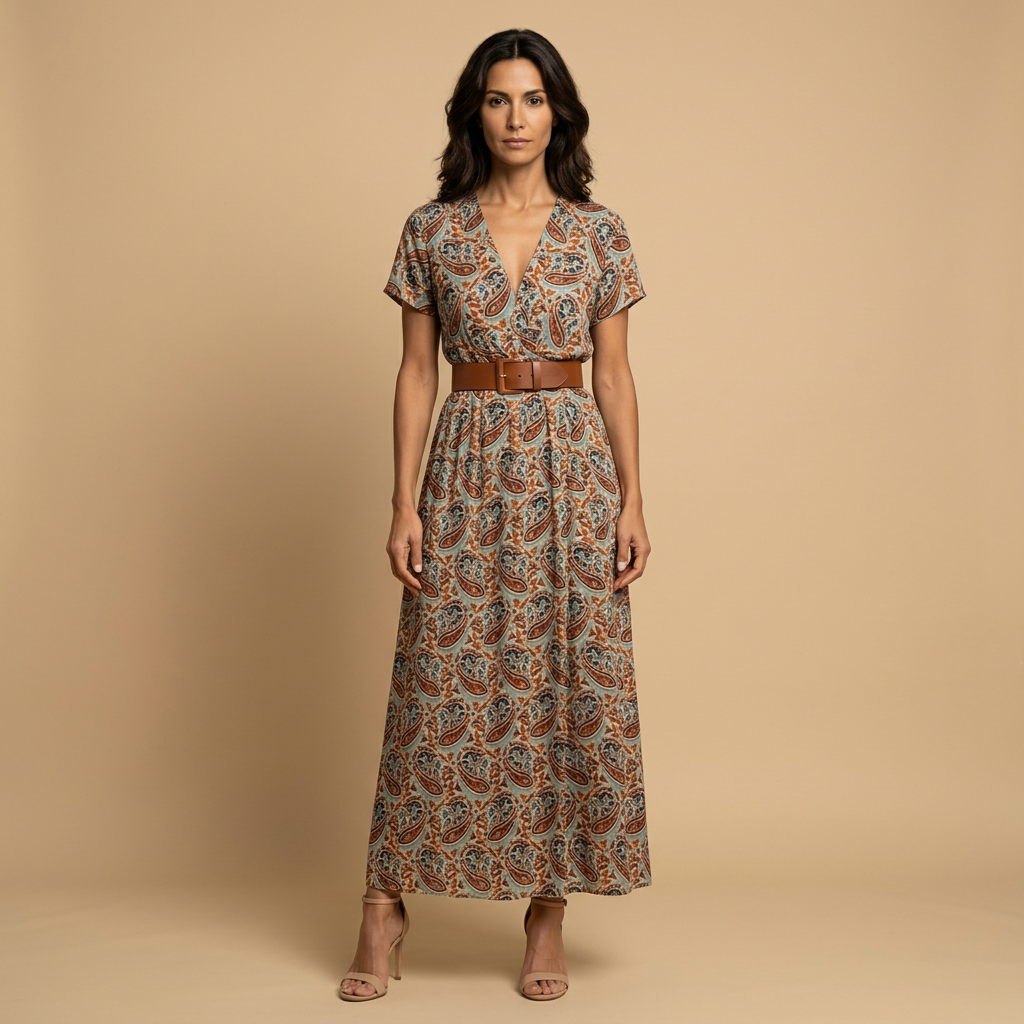 Vestido Largo Mujer Estampado Floral Cruzado con Cinturón