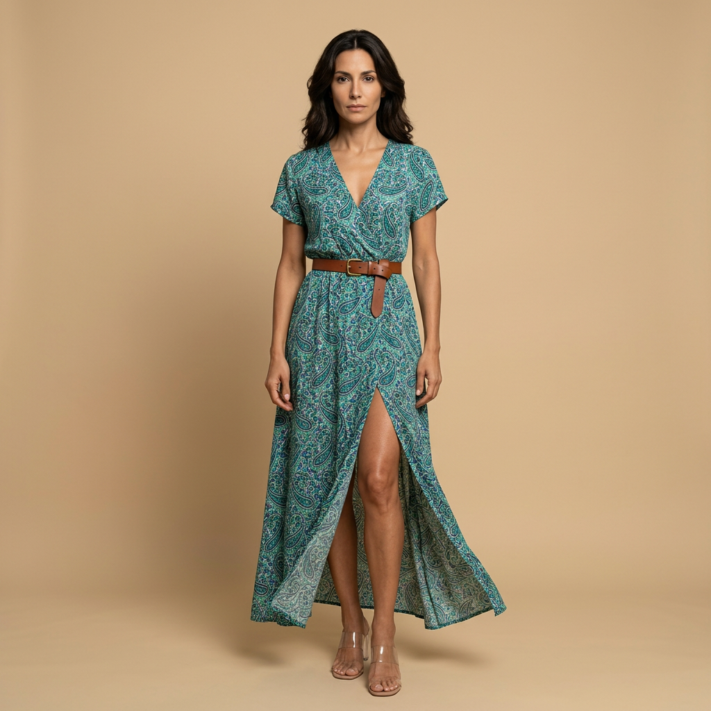 Vestido Largo Mujer Estampado Floral Cruzado con Cinturón