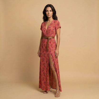 Vestido Largo Mujer Estampado Floral Cruzado con Cinturón