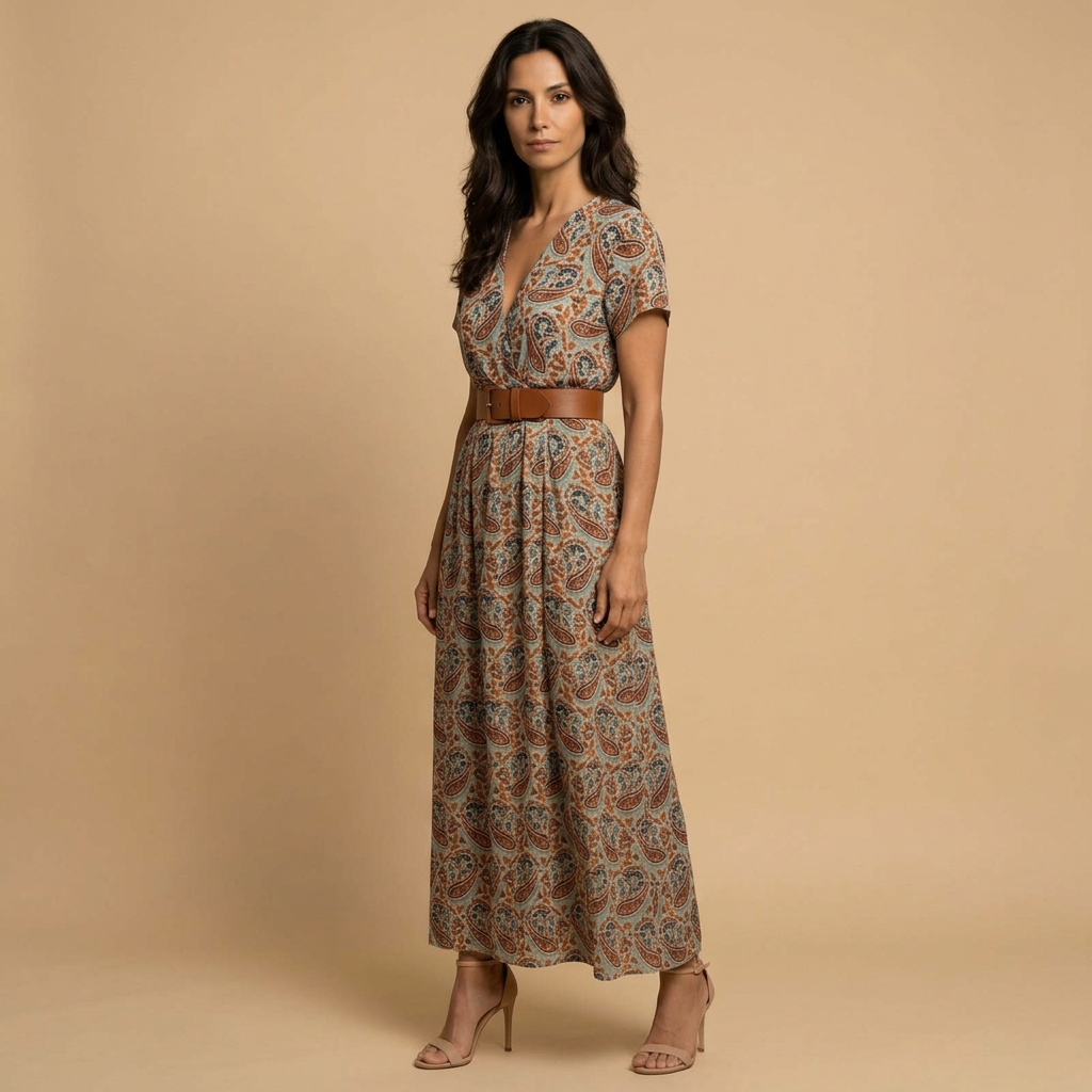 Vestido Largo Mujer Estampado Floral Cruzado con Cinturón
