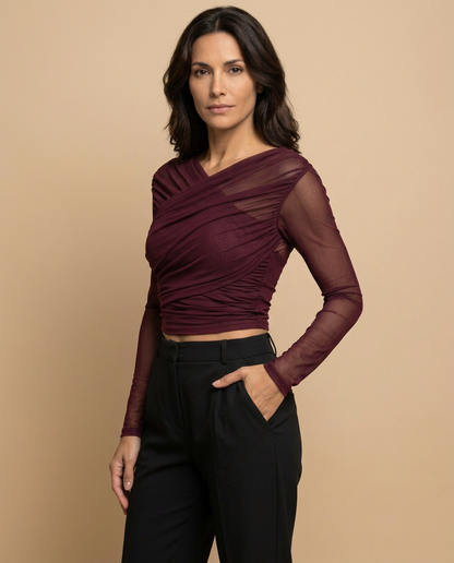 crop mujer de tul cruzado con bandas y manga larga