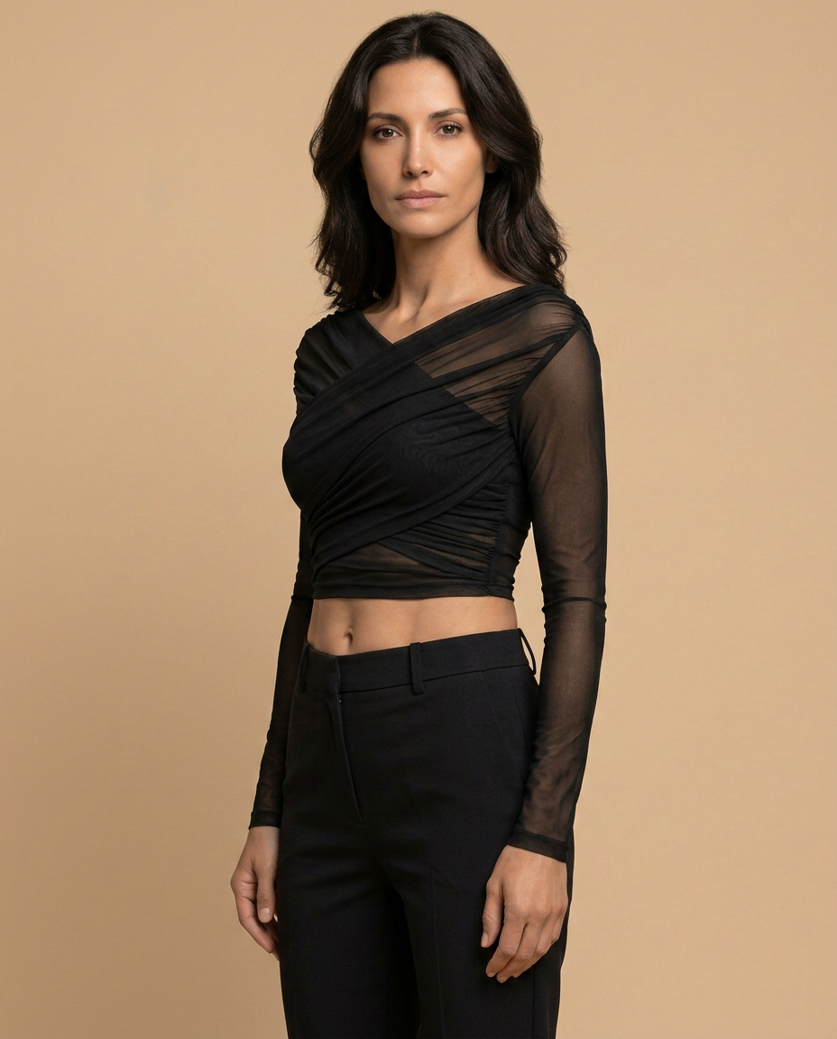 crop mujer de tul cruzado con bandas y manga larga