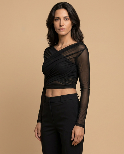 crop mujer de tul cruzado con bandas y manga larga
