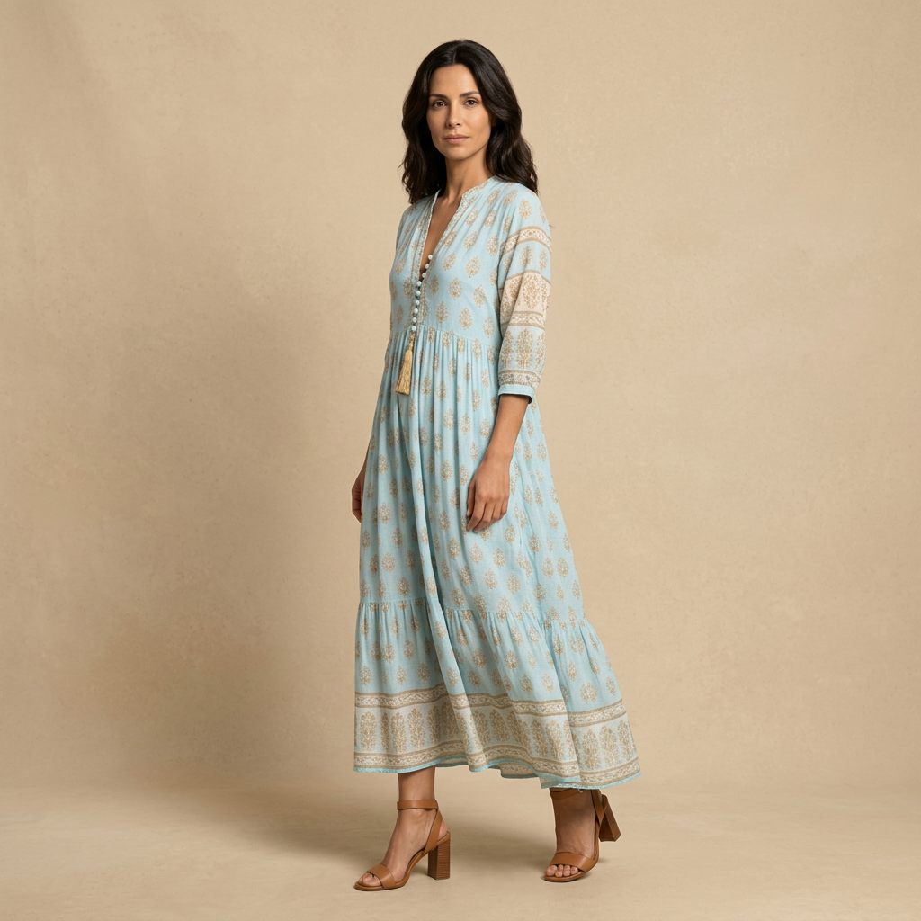 Vestido Midi Mujer Boho Estampado Medallones Manga Campana