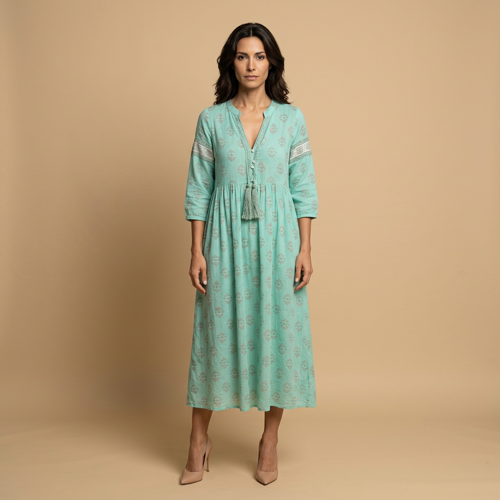 Vestido Midi Mujer Boho Estampado Medallones Manga Campana