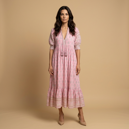 Vestido Midi Mujer Boho Estampado Medallones Manga Campana