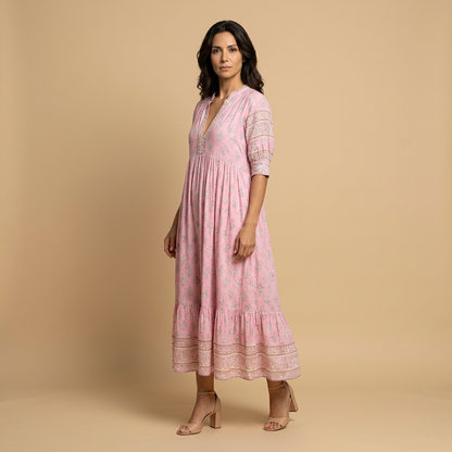 Vestido Midi Mujer Boho Estampado Medallones Manga Campana