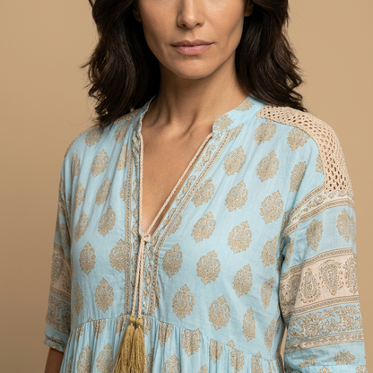 Vestido Midi Mujer Boho Estampado Medallones Manga Campana