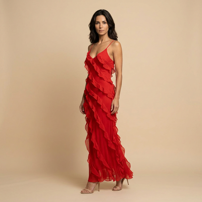 Vestido Largo Mujer de Chifón con Volantes Tirantes Finos