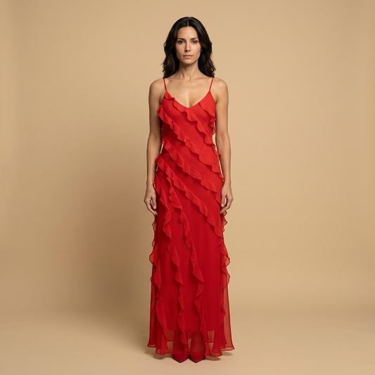 Vestido Largo Mujer de Chifón con Volantes Tirantes Finos - Mavetta