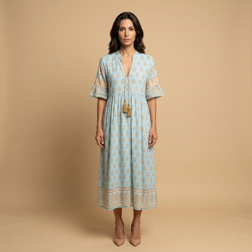 Vestido Midi Mujer Boho Estampado Medallones Manga Campana - Mavetta