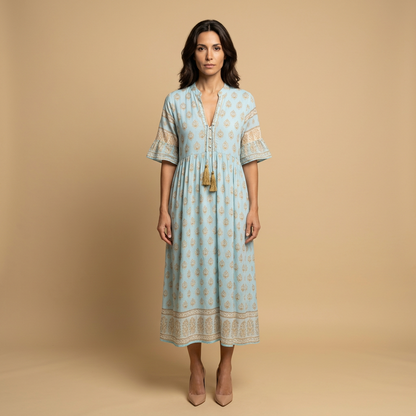 Vestido Midi Mujer Boho Estampado Medallones Manga Campana - Mavetta