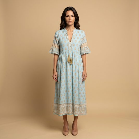 Vestido Midi Mujer Boho Estampado Medallones Manga Campana - Mavetta