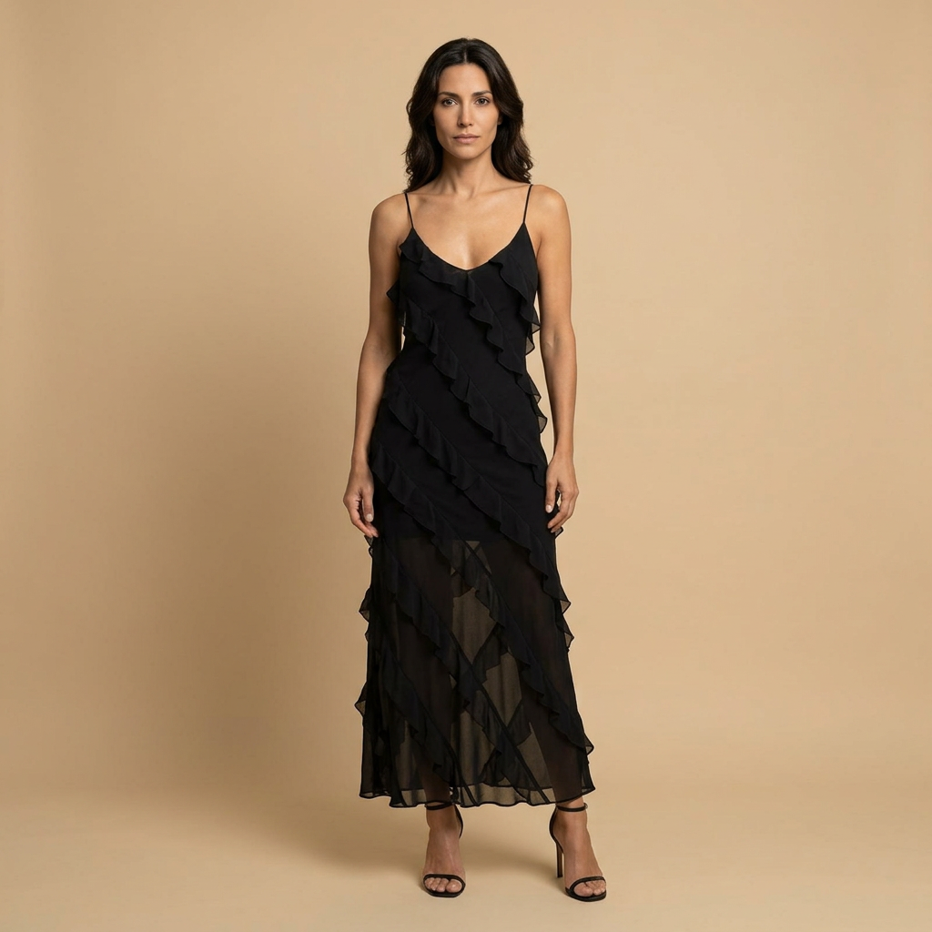 Vestido Largo Mujer de Chifón con Volantes Tirantes Finos