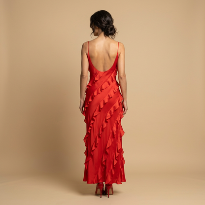 Vestido Largo Mujer de Chifón con Volantes Tirantes Finos
