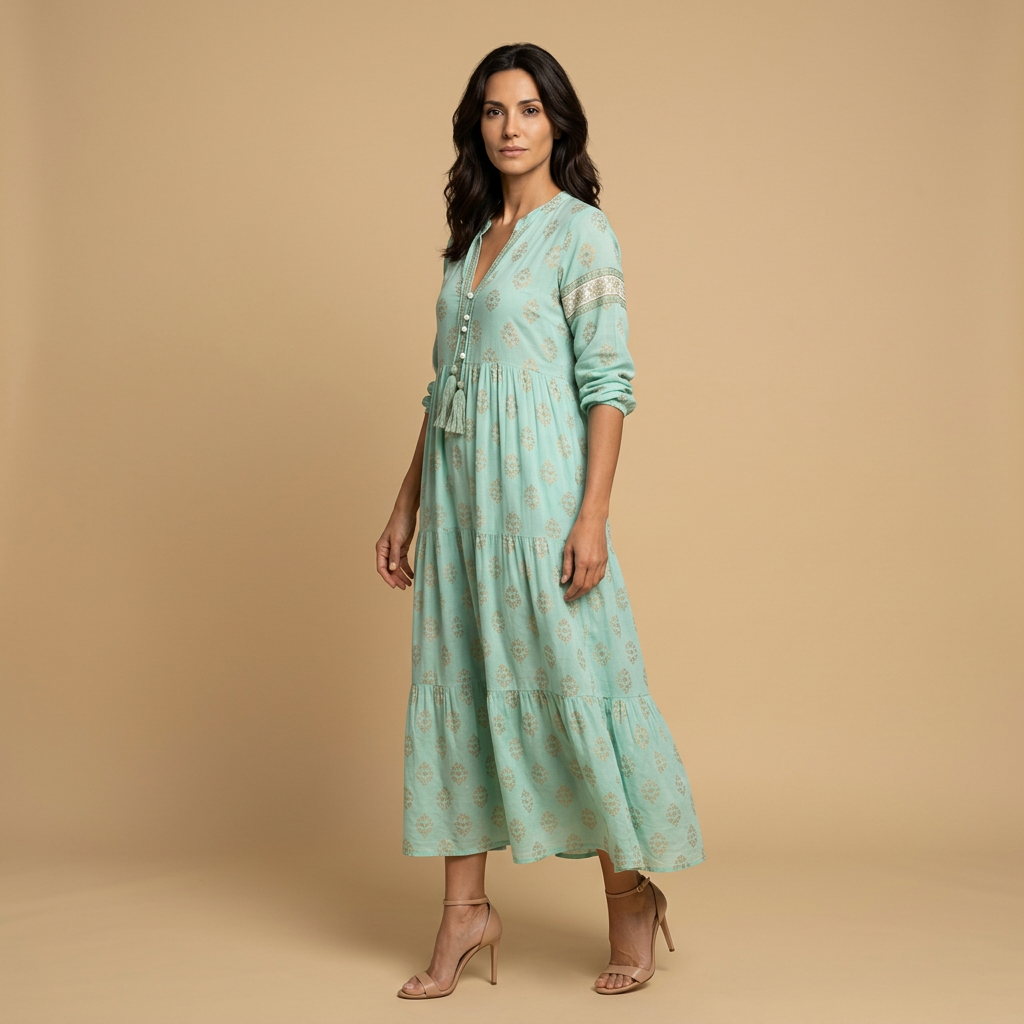 Vestido Midi Mujer Boho Estampado Medallones Manga Campana