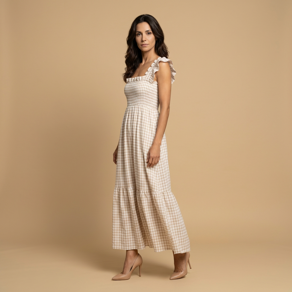 Vestido Largo Mujer Vichy Smock Tirantes Volante Bajo