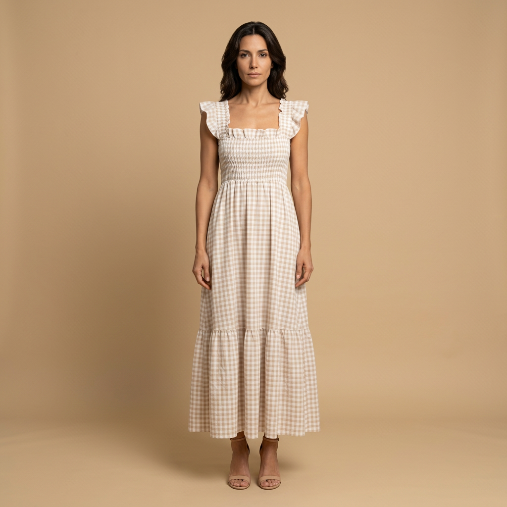 Vestido Largo Mujer Vichy Smock Tirantes Volante Bajo - Mavetta