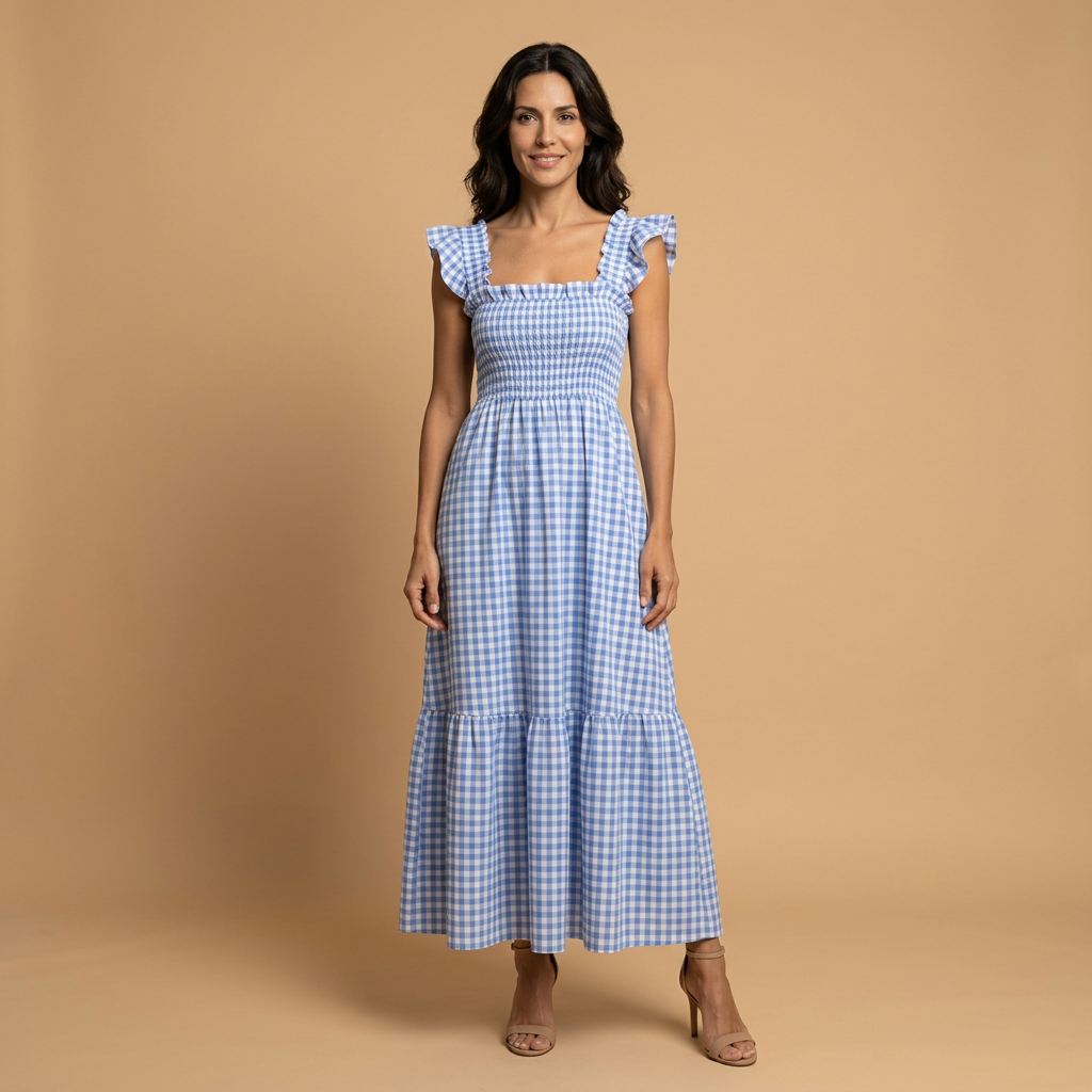 Vestido Largo Mujer Vichy Smock Tirantes Volante Bajo