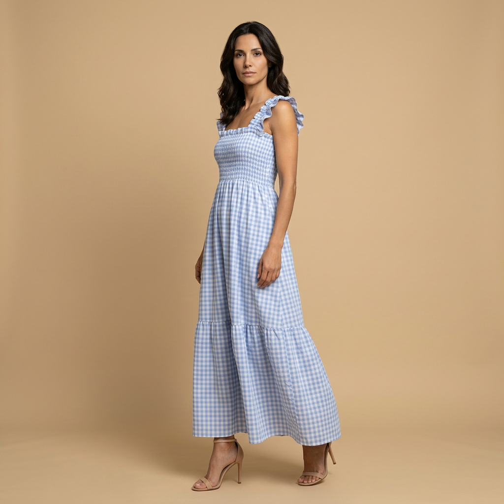 Vestido Largo Mujer Vichy Smock Tirantes Volante Bajo