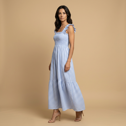 Vestido Largo Mujer Vichy Smock Tirantes Volante Bajo