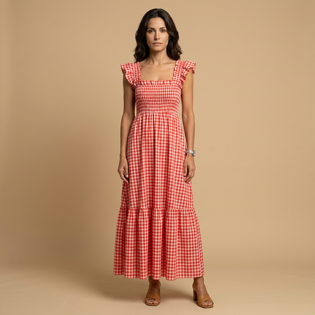 Vestido Largo Mujer Vichy Smock Tirantes Volante Bajo