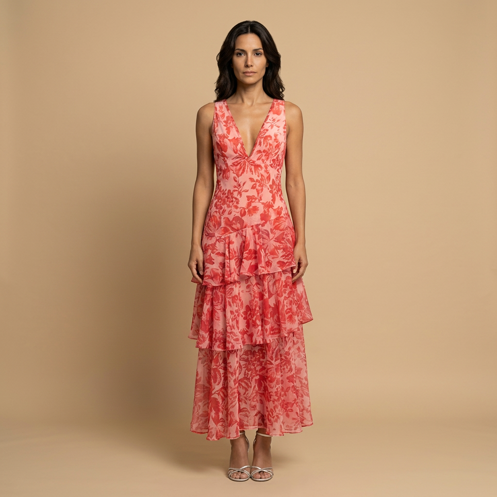 Vestido Midi Mujer Floral Tres Volantes Escalonados Escote en V - Mavetta
