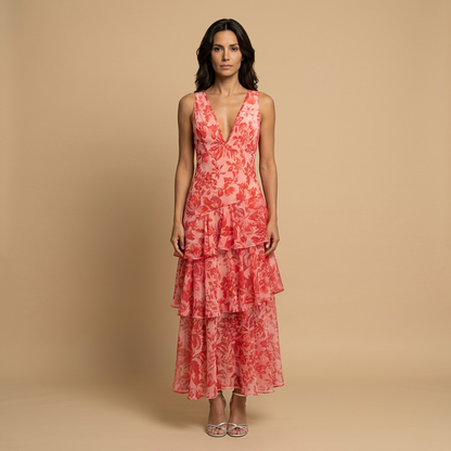 Vestido Midi Mujer Floral Tres Volantes Escalonados Escote en V - Mavetta