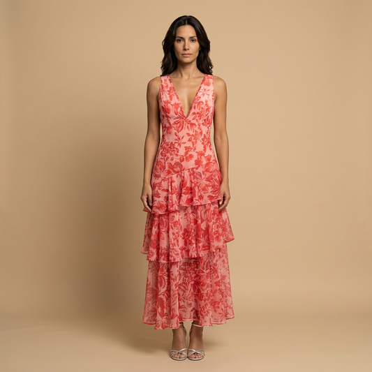 Vestido Midi Mujer Floral Tres Volantes Escalonados Escote en V - Mavetta