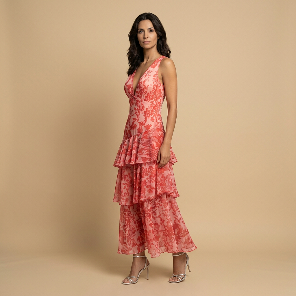 Vestido Midi Mujer Floral Tres Volantes Escalonados Escote en V