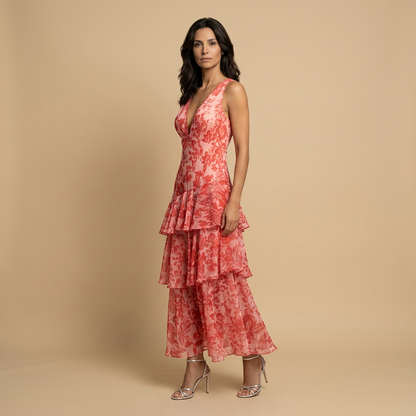 Vestido Midi Mujer Floral Tres Volantes Escalonados Escote en V