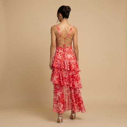 Vestido Midi Mujer Floral Tres Volantes Escalonados Escote en V