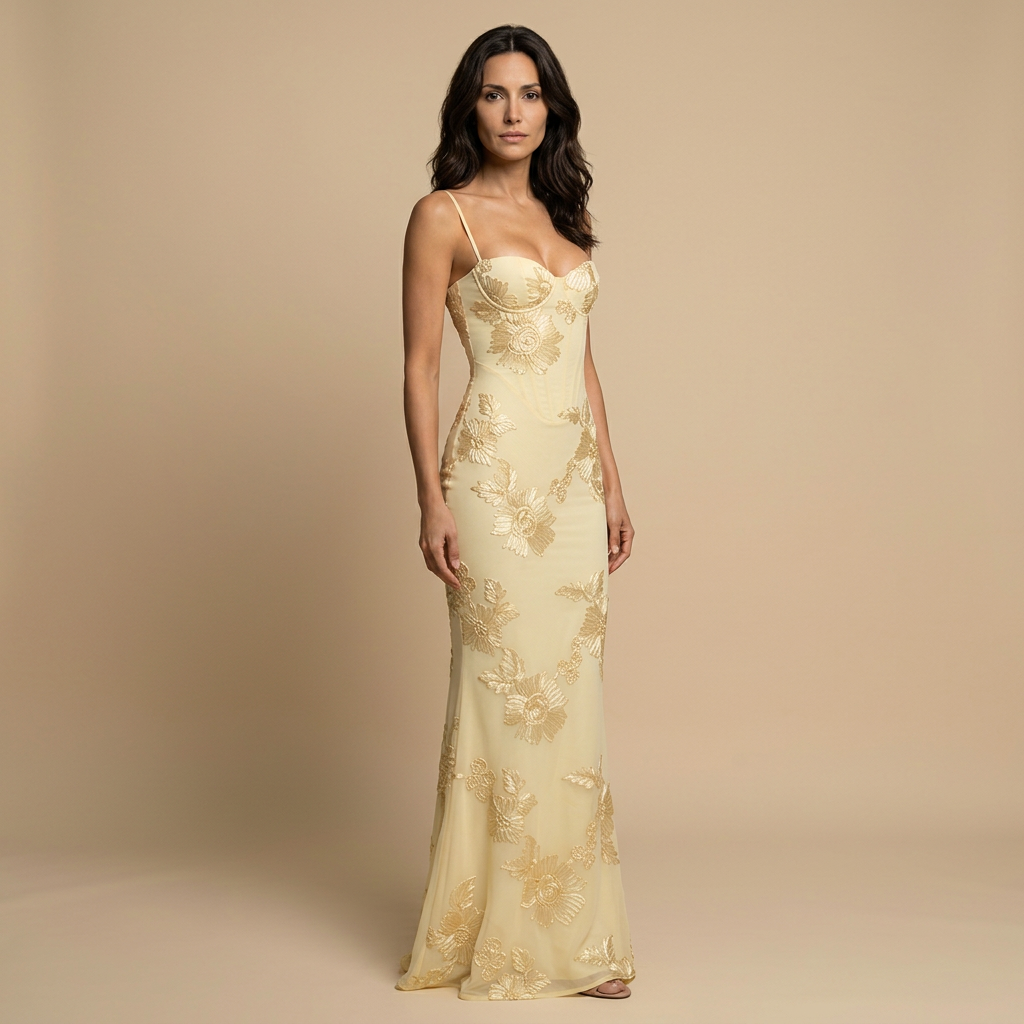 Vestido Largo Mujer Tul con Corsé y Apliques Florales Sirena