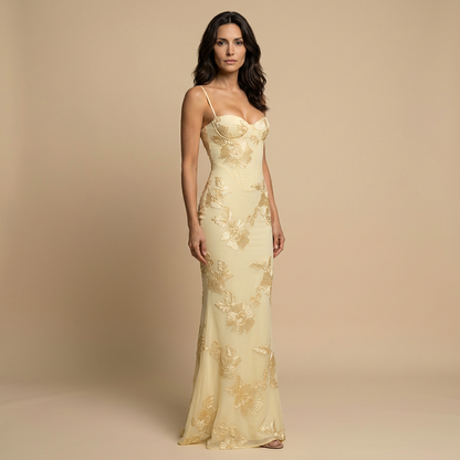 Vestido Largo Mujer Tul con Corsé y Apliques Florales Sirena