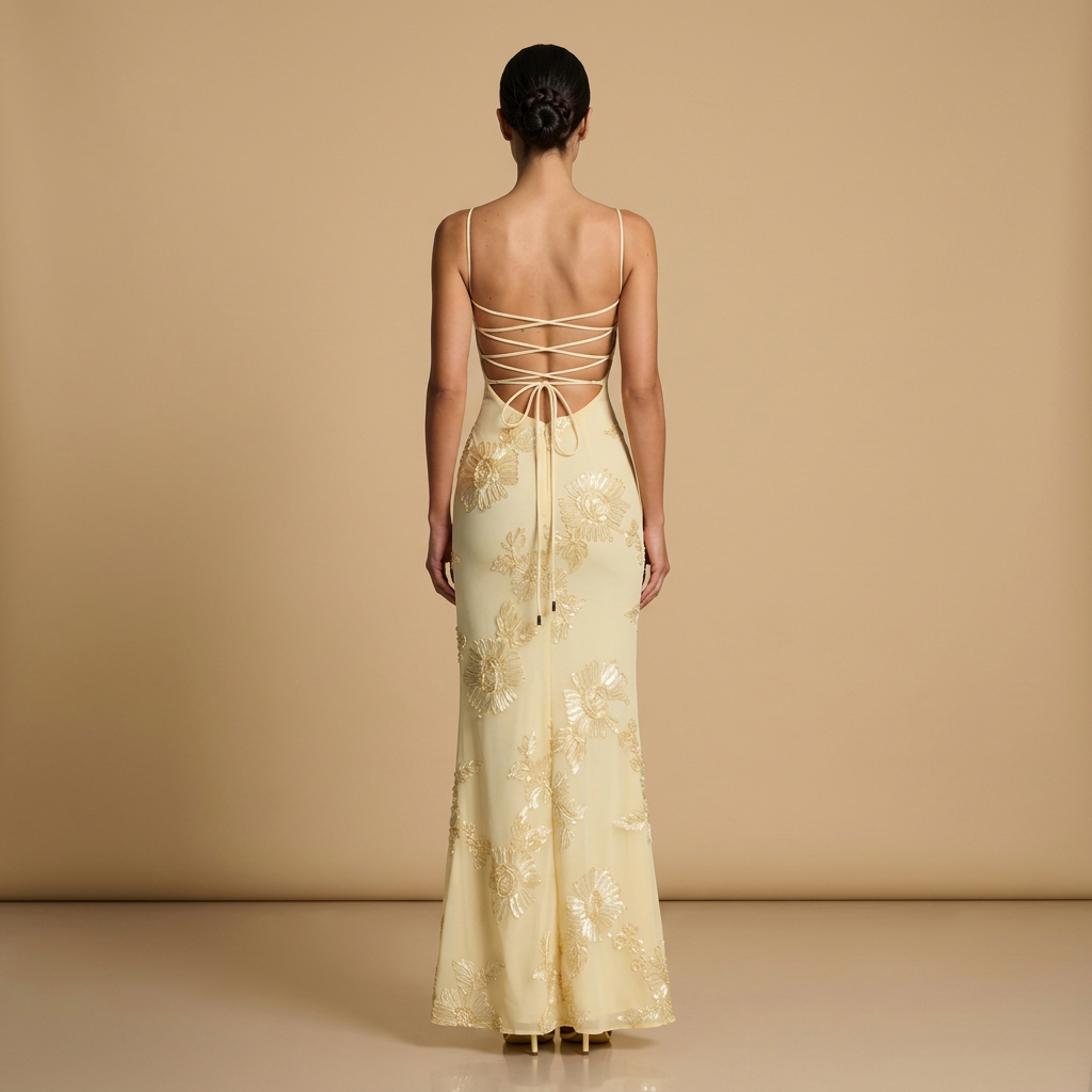 Vestido Largo Mujer Tul con Corsé y Apliques Florales Sirena