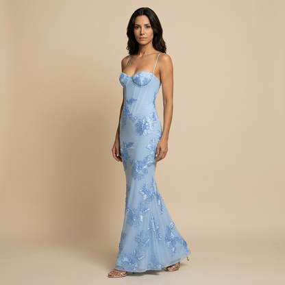 Vestido Largo Mujer Tul con Corsé y Apliques Florales Sirena