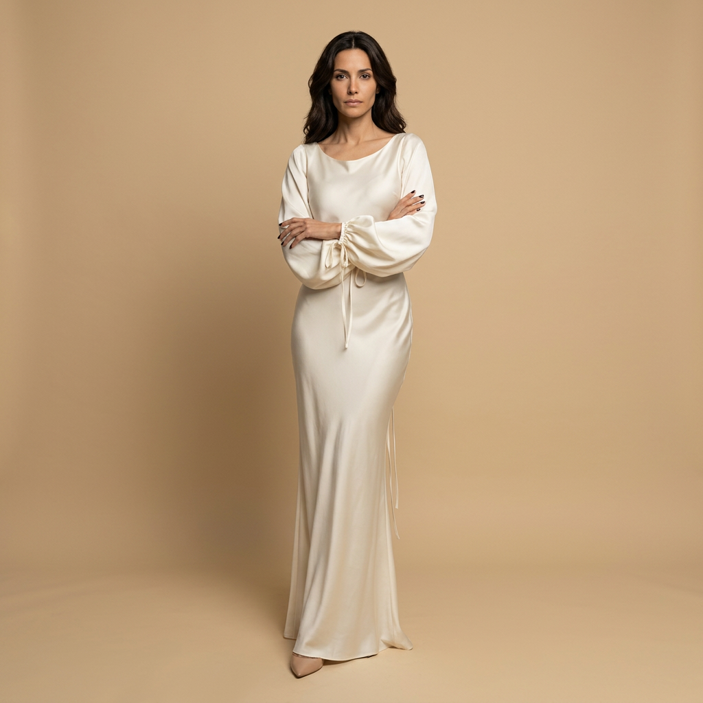 Vestido Largo Mujer de Satén Manga Globo Puño con Cordón - Mavetta
