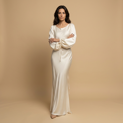 Vestido Largo Mujer de Satén Manga Globo Puño con Cordón - Mavetta