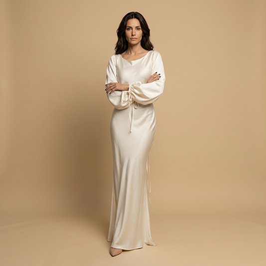 Vestido Largo Mujer de Satén Manga Globo Puño con Cordón - Mavetta