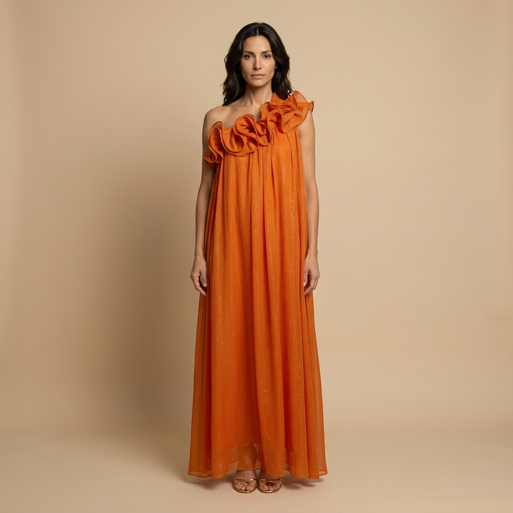 Vestido Largo Mujer Lurex Un Hombro Volantes Escultóricos - Mavetta
