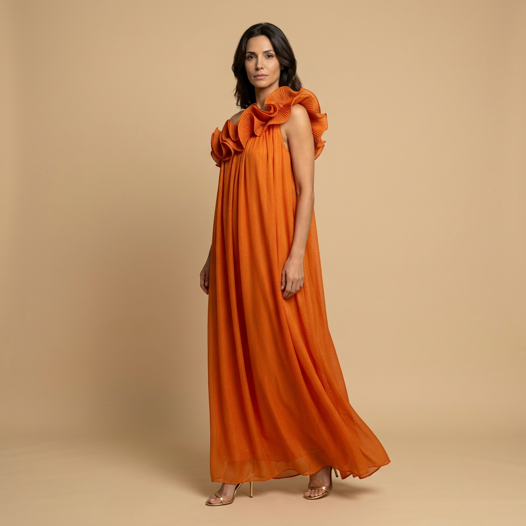 Vestido Largo Mujer Lurex Un Hombro Volantes Escultóricos