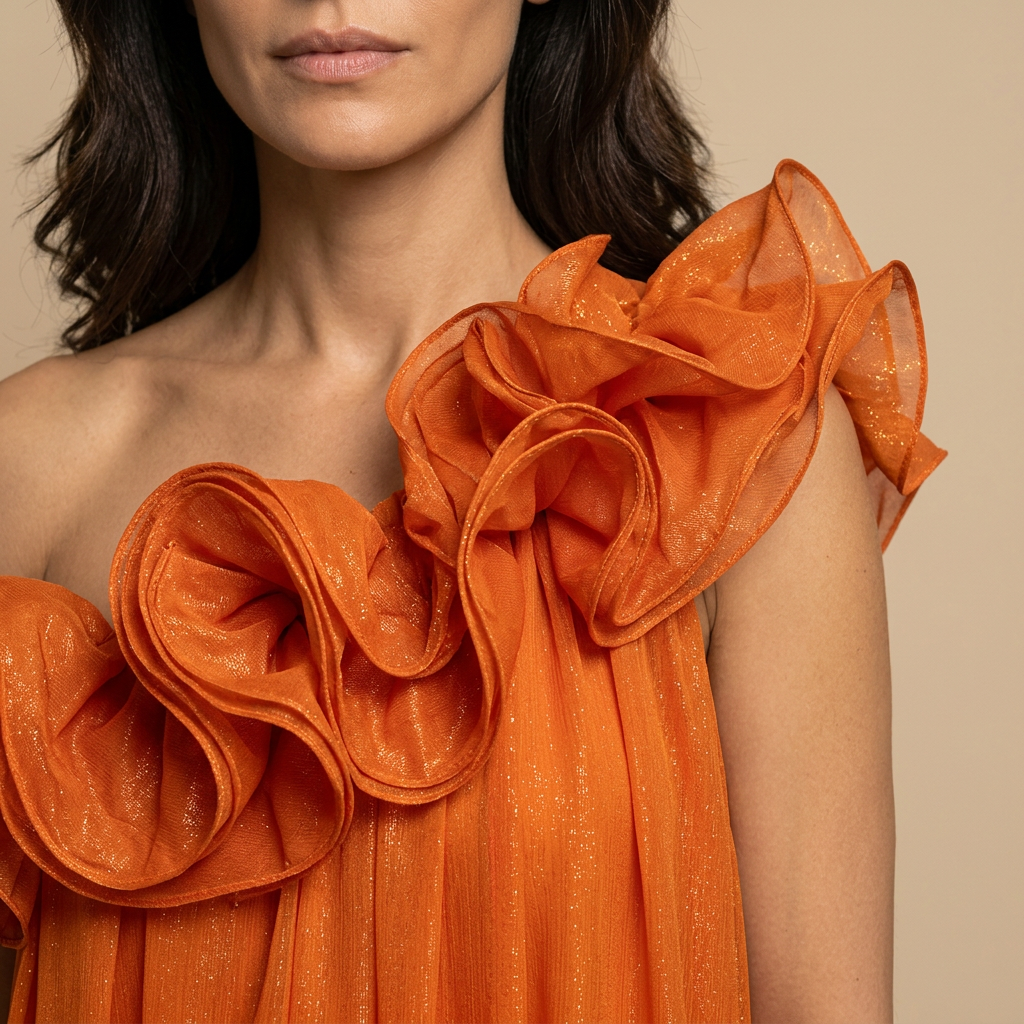 Vestido Largo Mujer Lurex Un Hombro Volantes Escultóricos