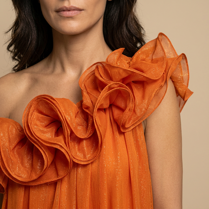 Vestido Largo Mujer Lurex Un Hombro Volantes Escultóricos