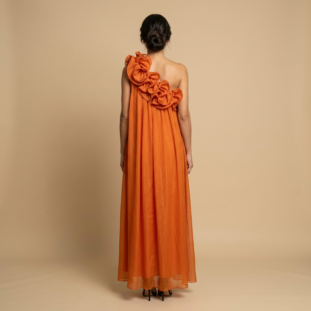 Vestido Largo Mujer Lurex Un Hombro Volantes Escultóricos