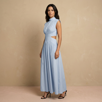 Vestido Largo Mujer de Lino Sin Mangas Ajuste con Banda en Cintura
